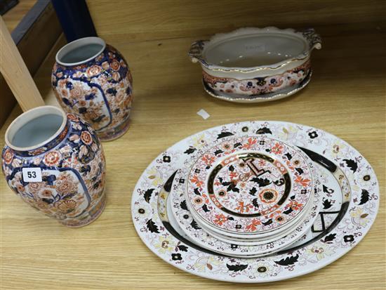 A quantity of ironstone and a pair of Imari vases vases height 23cm